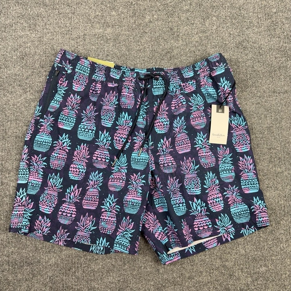 Goodfellow & Co Mens Large Pineapple Swim Trunks Navy Turquoise Quick Dry Lined